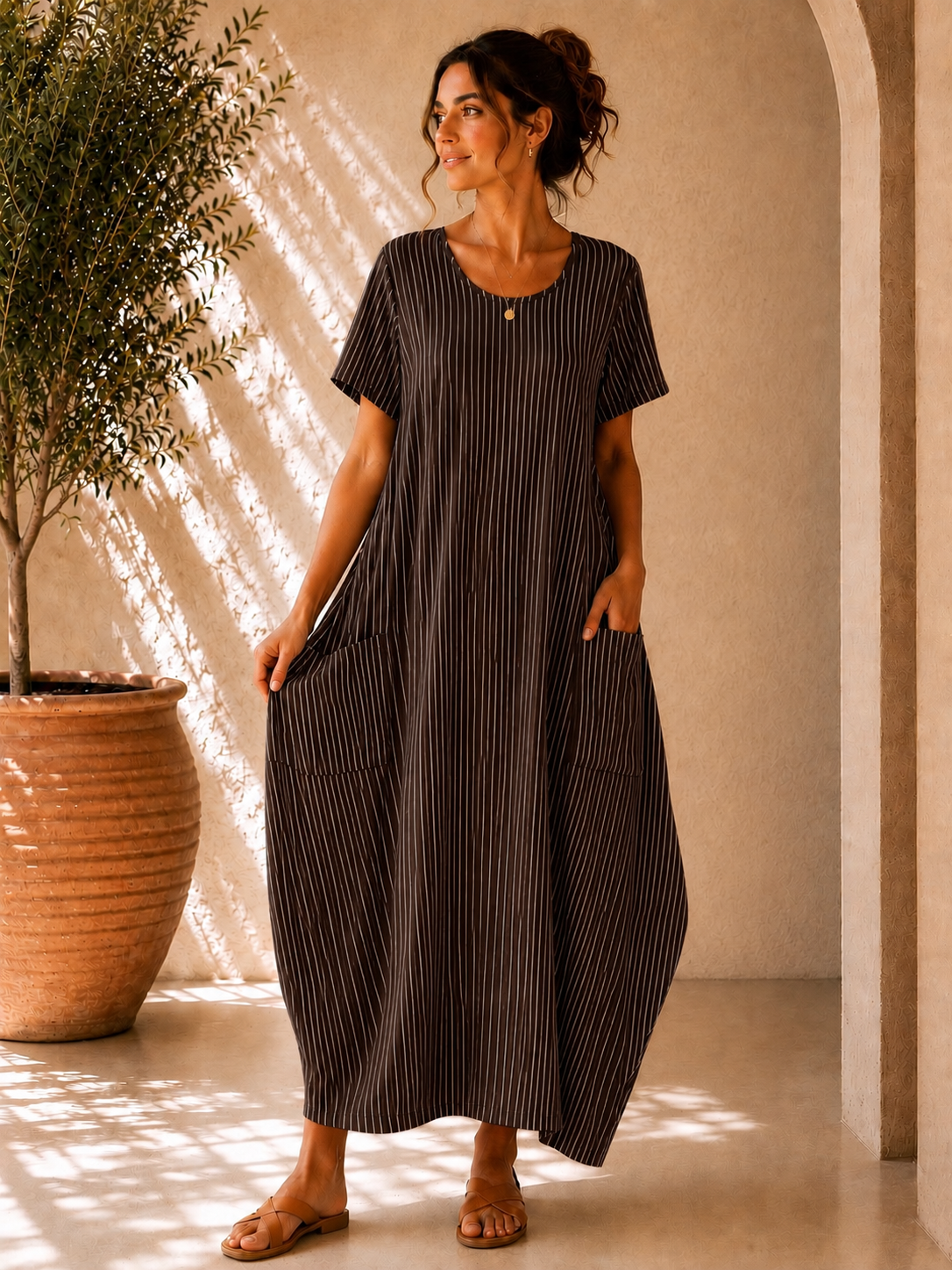 Lagenlook Stripe Cotton Summer Long Dresses