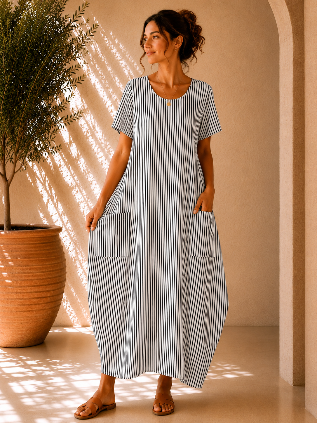 Lagenlook Stripe Cotton Summer Long Dresses