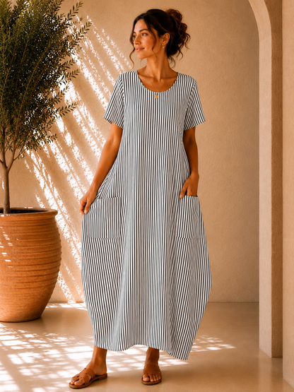Lagenlook Stripe Cotton Summer Long Dresses