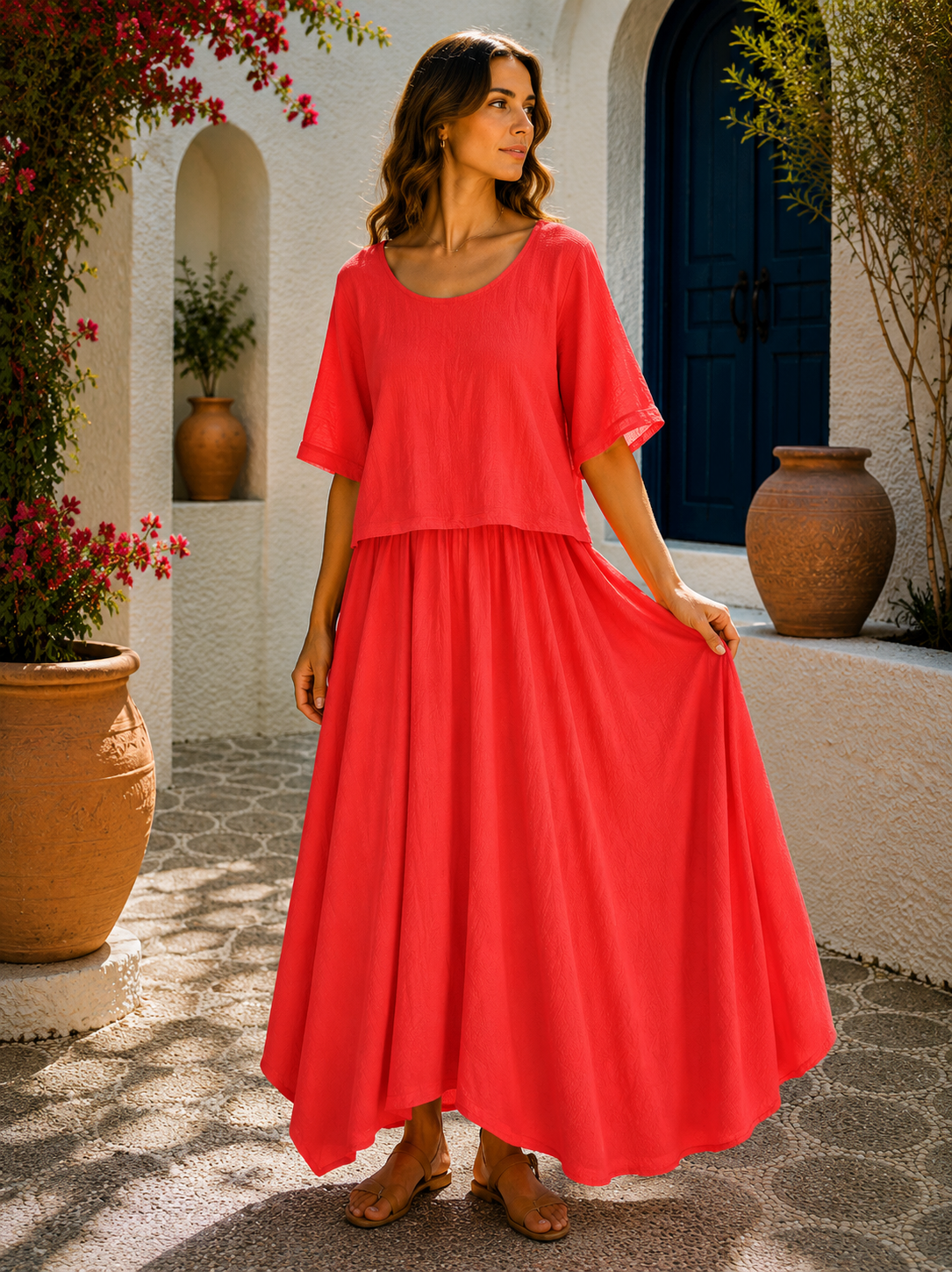 Brand New Womens 2 Piece Lightweight Long Maxi Dress with Over Crop Top