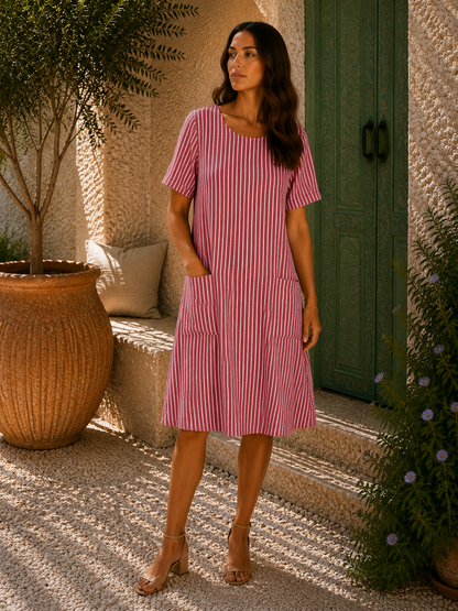 Ladies Italian Lagenlook Cotton Stripe Mid length Dress Tunic