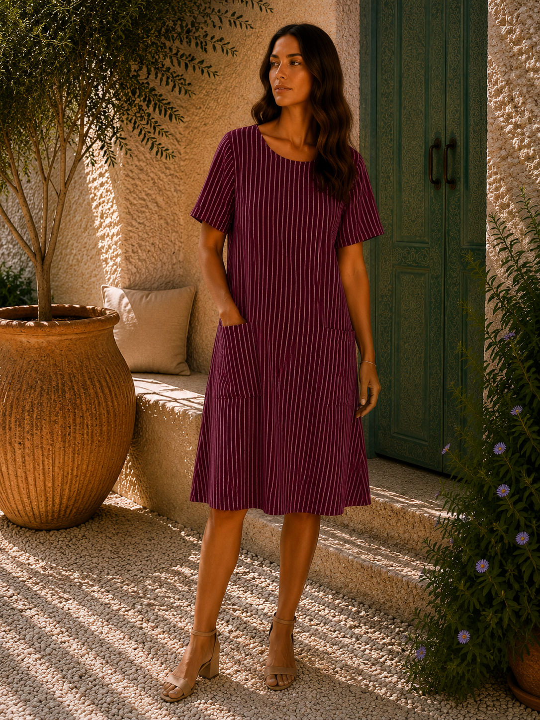 Ladies Italian Lagenlook Cotton Stripe Mid length Dress Tunic
