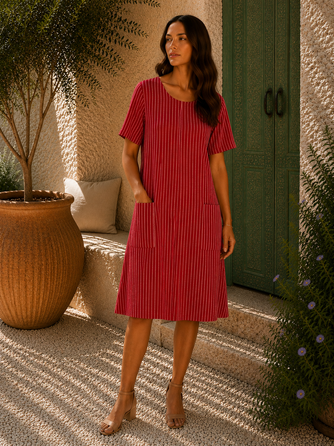 Ladies Italian Lagenlook Cotton Stripe Mid length Dress Tunic