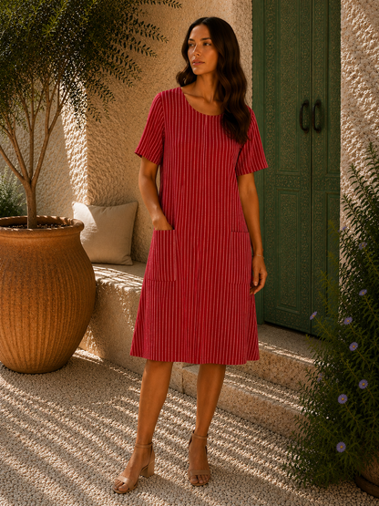 Ladies Italian Lagenlook Cotton Stripe Mid length Dress Tunic