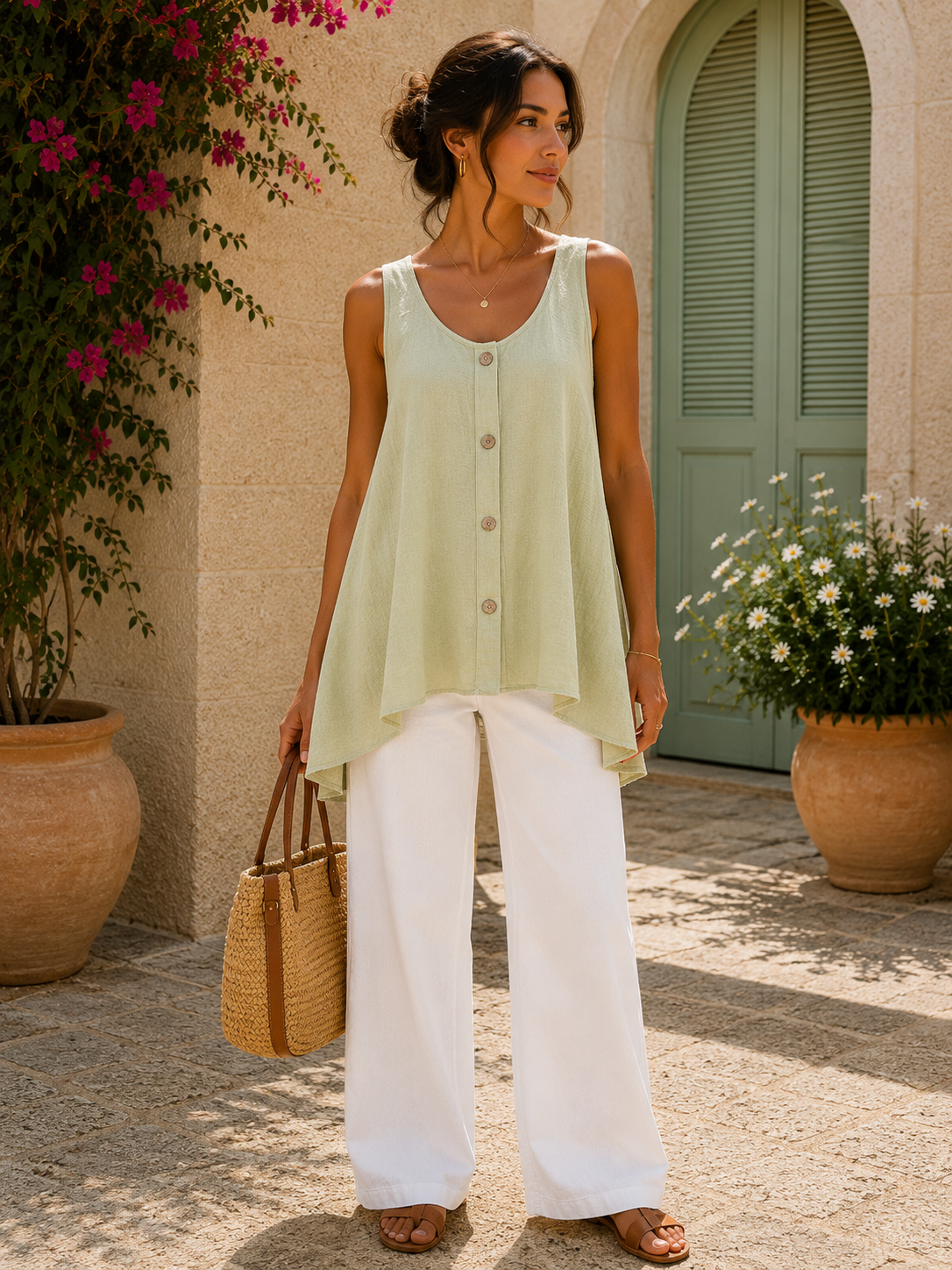 Women’s Italian Linen Blend Layering A- Line Sleeveless Vest Top With Buttons