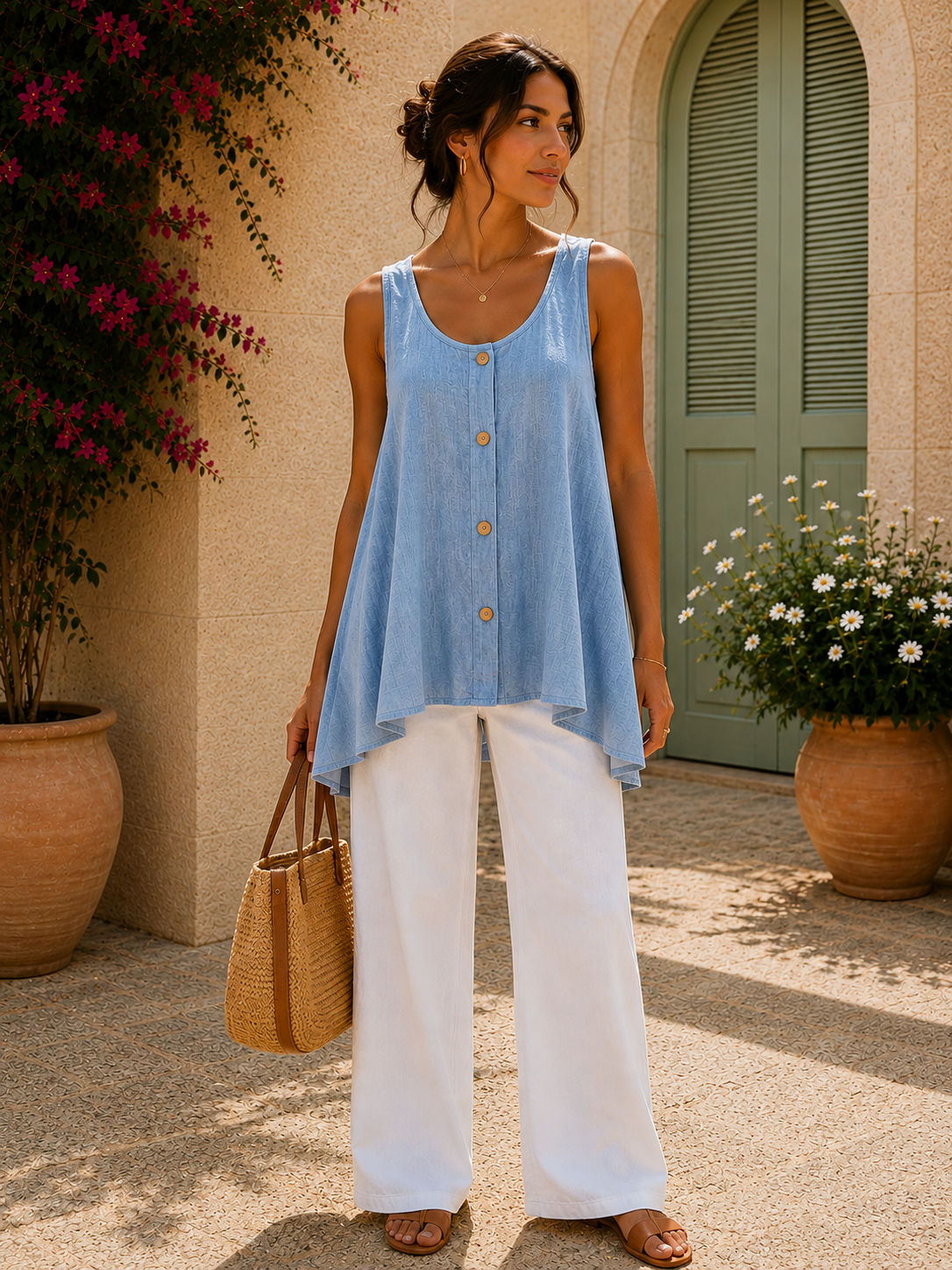 Women’s Italian Linen Blend Layering A- Line Sleeveless Vest Top With Buttons