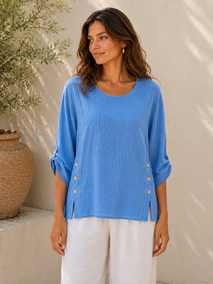 Summer 26' Textured Washed Linen Blend Tunic with Side Slits and Button Detail