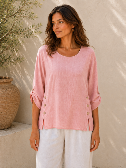Summer 26' Textured Washed Linen Blend Tunic with Side Slits and Button Detail