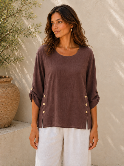Summer 26' Textured Washed Linen Blend Tunic with Side Slits and Button Detail
