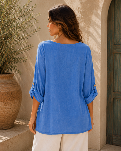Summer 26' Textured Washed Linen Blend Tunic with Side Slits and Button Detail