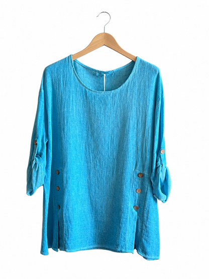 Summer 26' Textured Washed Linen Blend Tunic with Side Slits and Button Detail