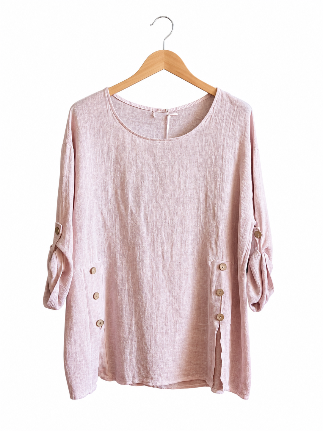 Summer 26' Textured Washed Linen Blend Tunic with Side Slits and Button Detail