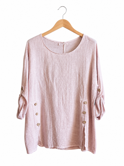 Summer 26' Textured Washed Linen Blend Tunic with Side Slits and Button Detail
