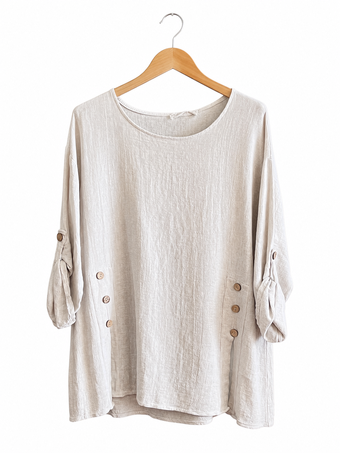 Summer 26' Textured Washed Linen Blend Tunic with Side Slits and Button Detail