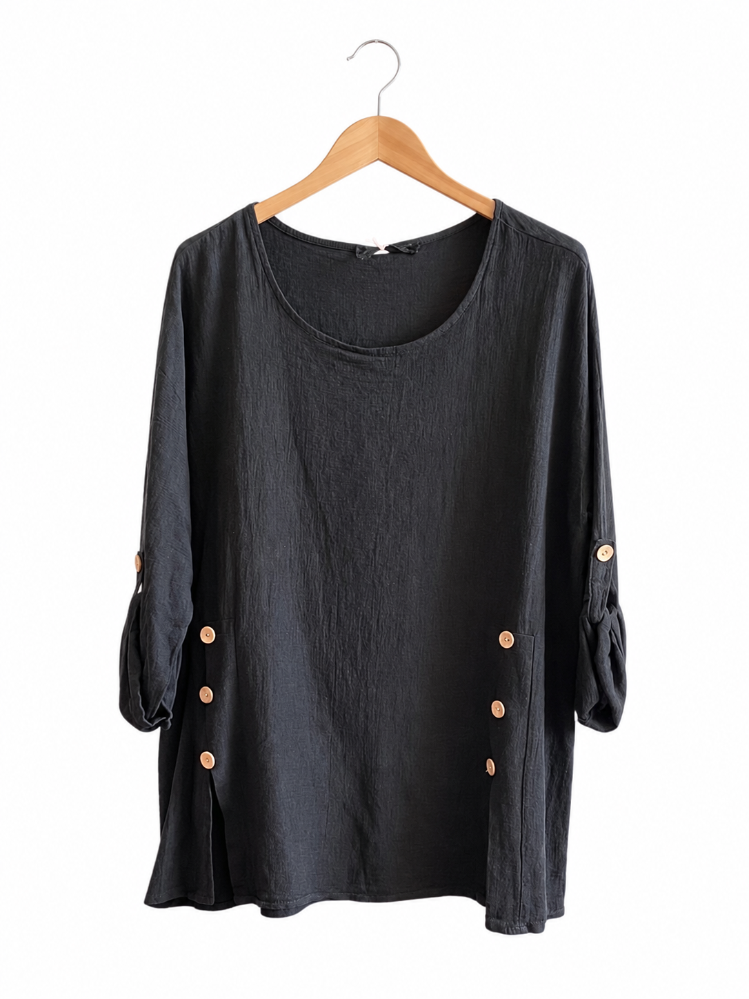 Summer 26' Textured Washed Linen Blend Tunic with Side Slits and Button Detail