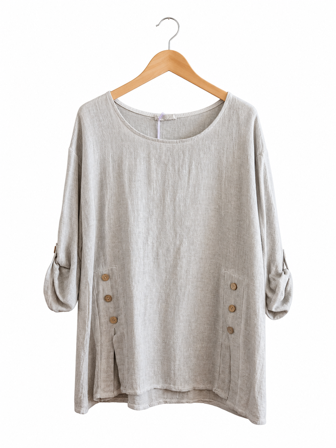Summer 26' Textured Washed Linen Blend Tunic with Side Slits and Button Detail