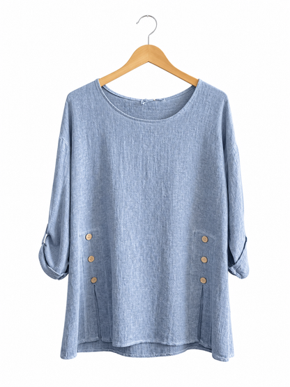 Summer 26' Textured Washed Linen Blend Tunic with Side Slits and Button Detail
