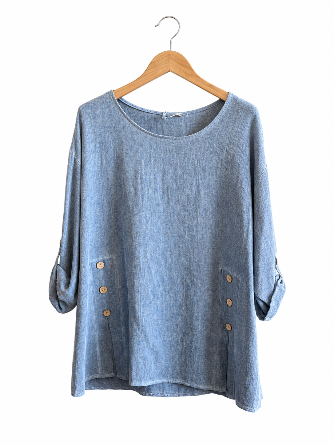 Summer 26' Textured Washed Linen Blend Tunic with Side Slits and Button Detail
