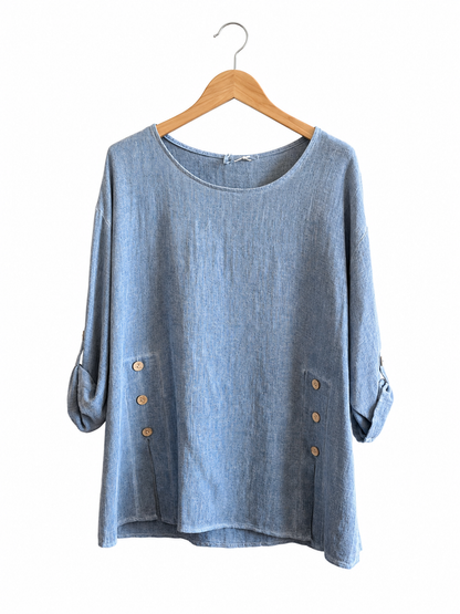 Summer 26' Textured Washed Linen Blend Tunic with Side Slits and Button Detail