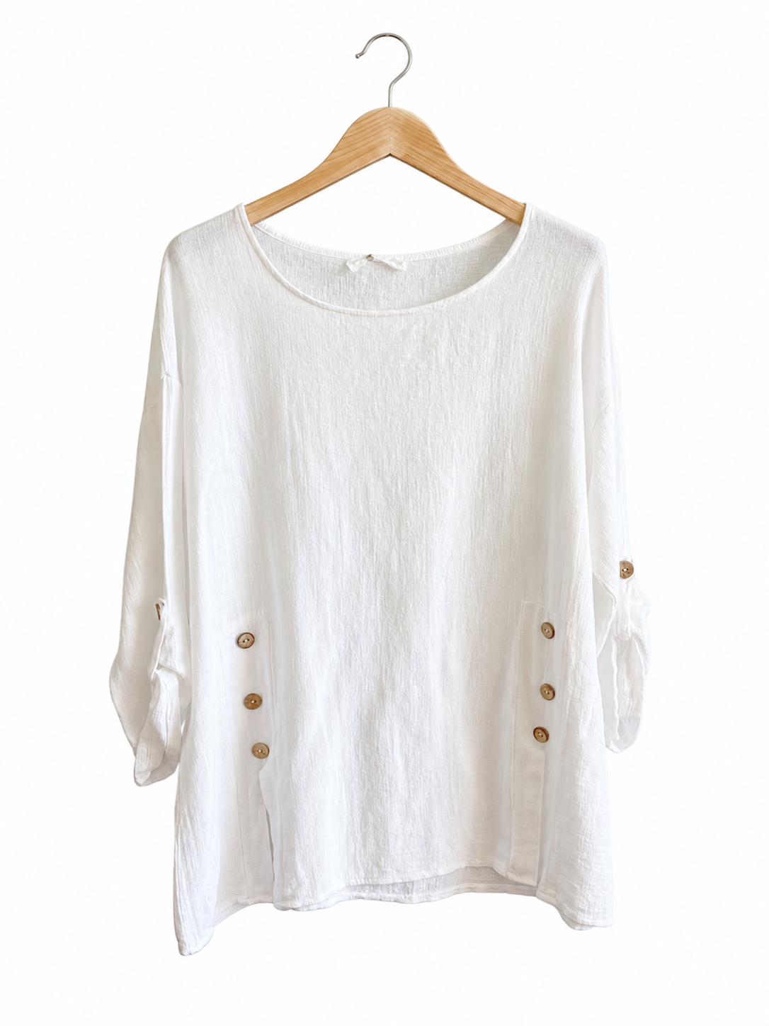 Summer 26' Textured Washed Linen Blend Tunic with Side Slits and Button Detail