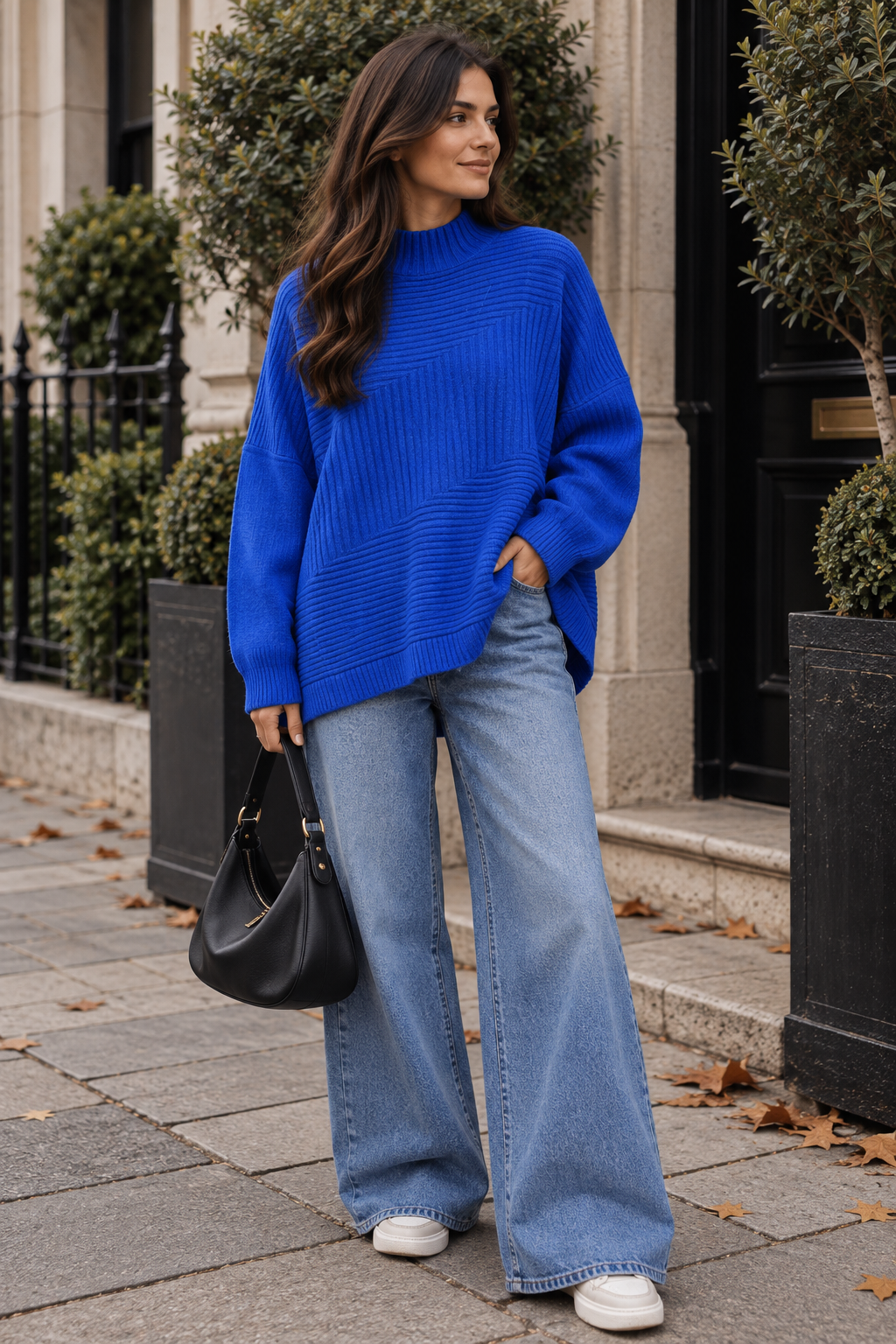 New Womens Soft Knitted Boxy High Neck Jumper with Ribbed Block design