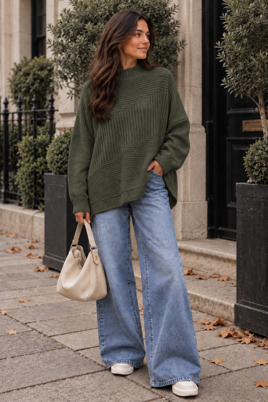 New Womens Soft Knitted Boxy High Neck Jumper with Ribbed Block design