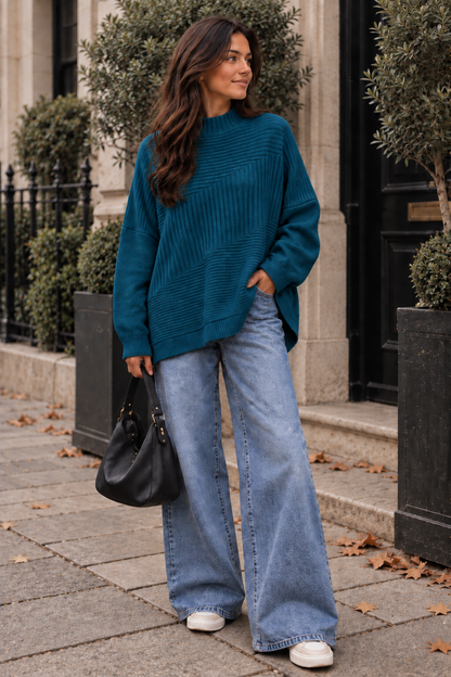 New Womens Soft Knitted Boxy High Neck Jumper with Ribbed Block design