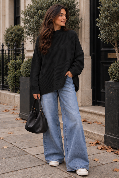 New Womens Soft Knitted Boxy High Neck Jumper with Ribbed Block design