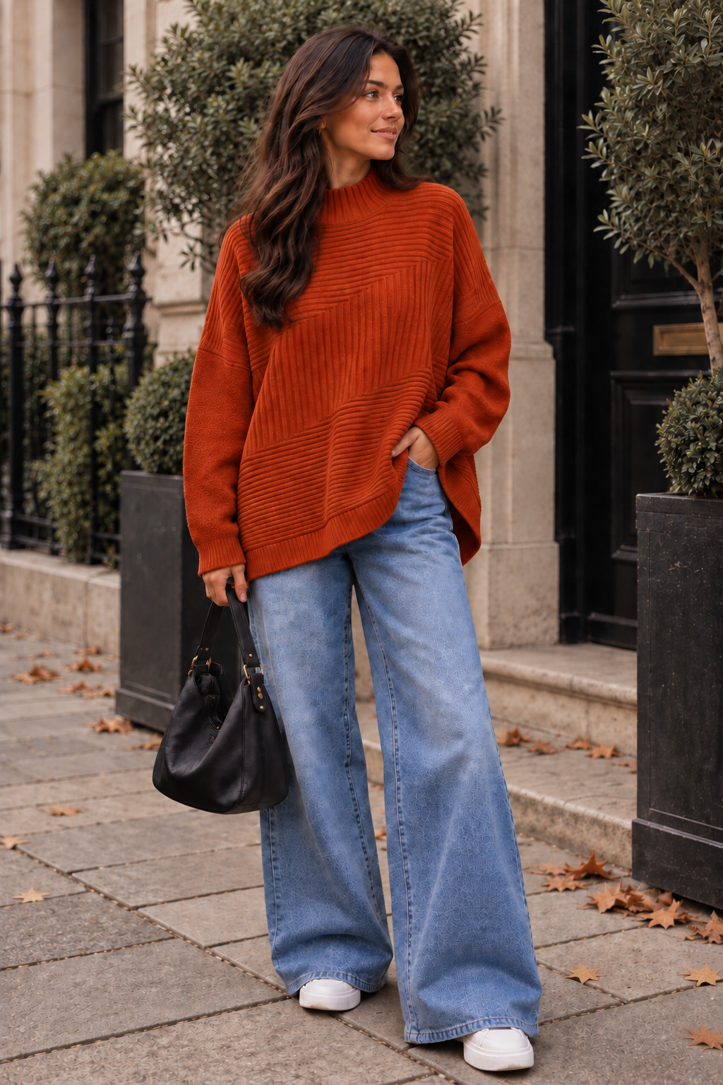 New Womens Soft Knitted Boxy High Neck Jumper with Ribbed Block design