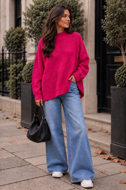 New Womens Soft Knitted Boxy High Neck Jumper with Ribbed Block design