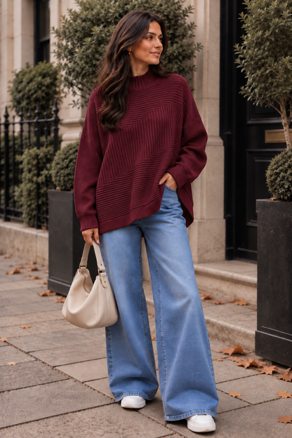 New Womens Soft Knitted Boxy High Neck Jumper with Ribbed Block design