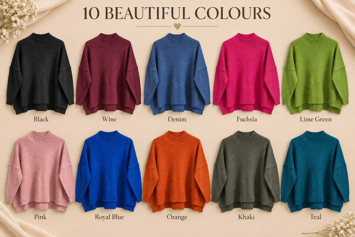 New Womens Soft Knitted Boxy High Neck Jumper with Ribbed Block design