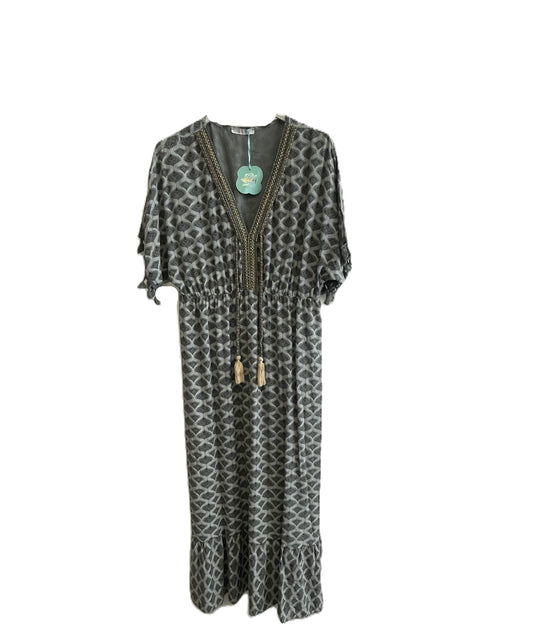 Summer Tassel Tie Dye Short Sleeve Long Maxi Dress In Grey