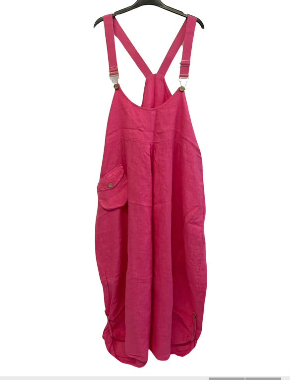 Brand New Ladies Summer Italian Casual Linen Dungarees with Button Detail on Hem