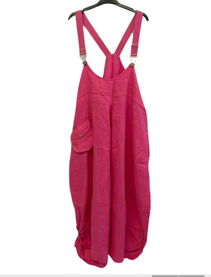 Brand New Ladies Summer Italian Casual Linen Dungarees with Button Detail on Hem