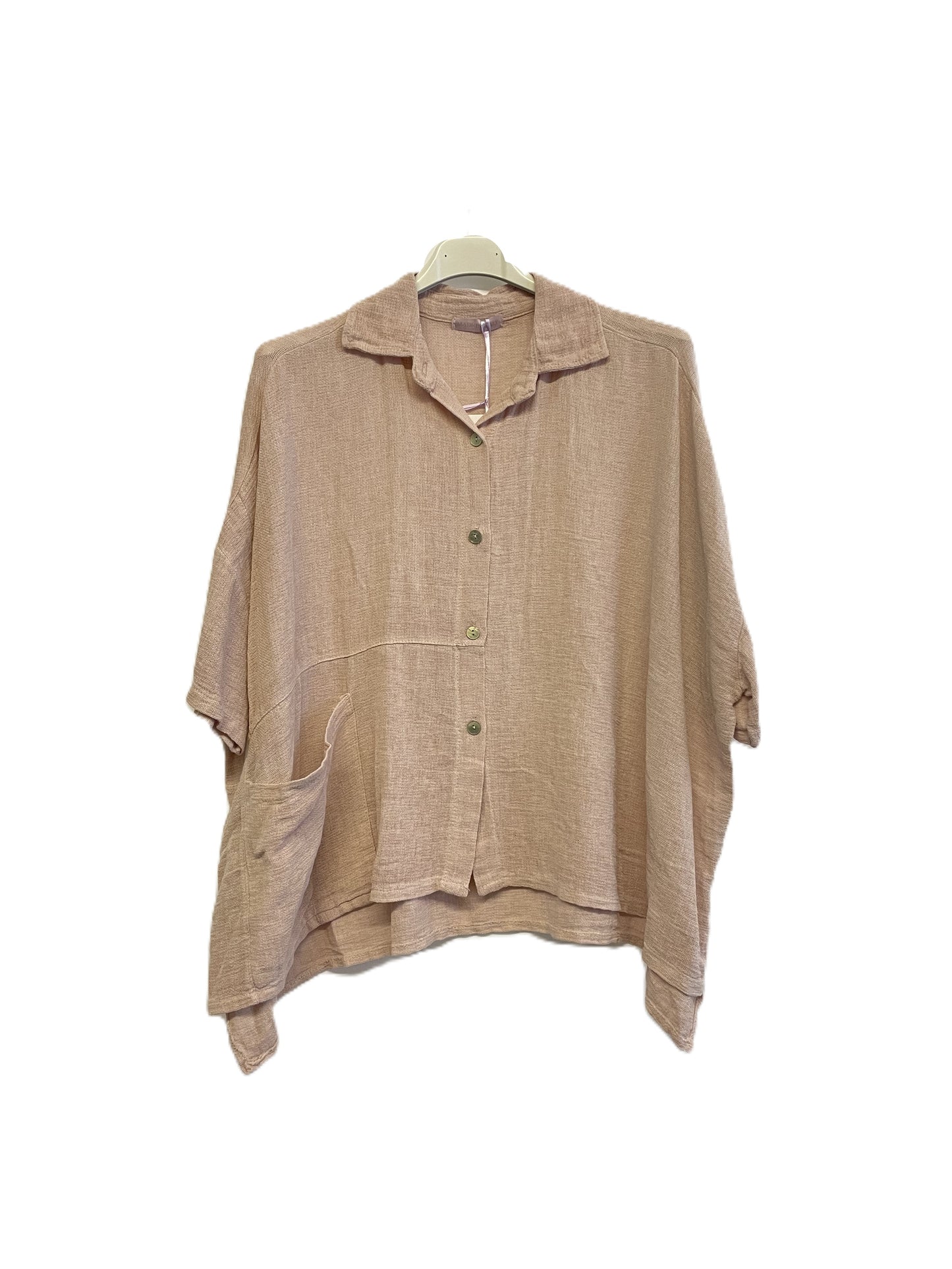 Brand New Womens Summer Italian Linen Mix Textured Shirt with Pocket and Collar in Pale Pink