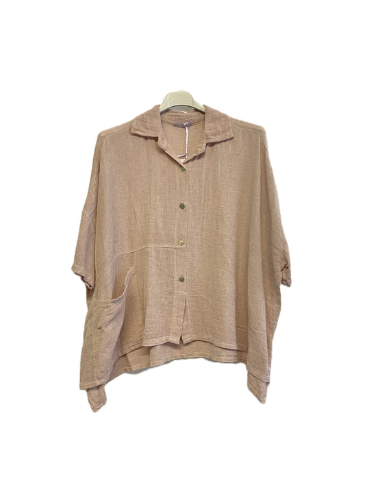 Brand New Womens Summer Italian Linen Mix Textured Shirt with Pocket and Collar in Pale Pink