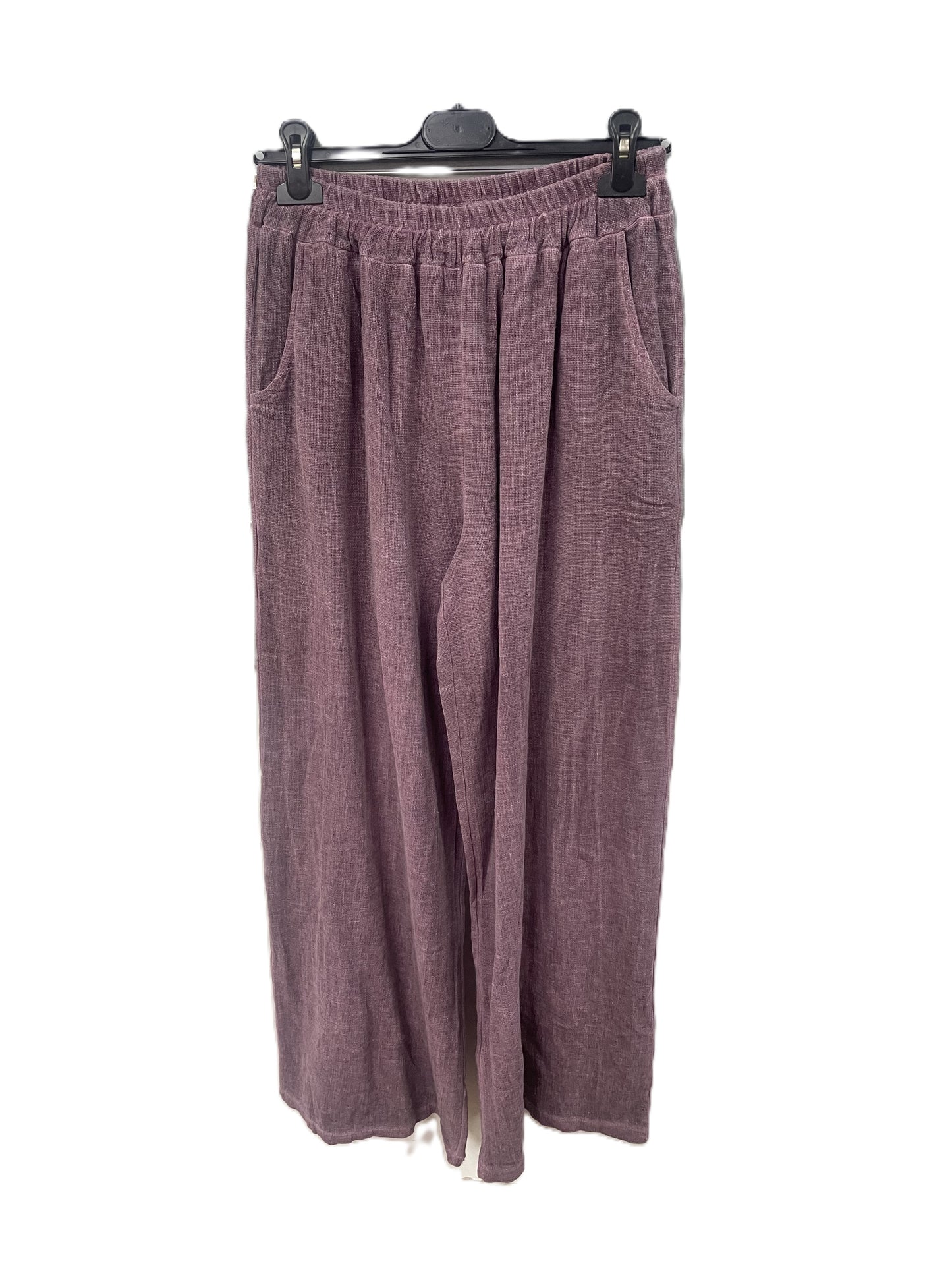Brand New Womens Summer Lightweight Textured Linen Mix 2 Pocket Wide Leg Trousers