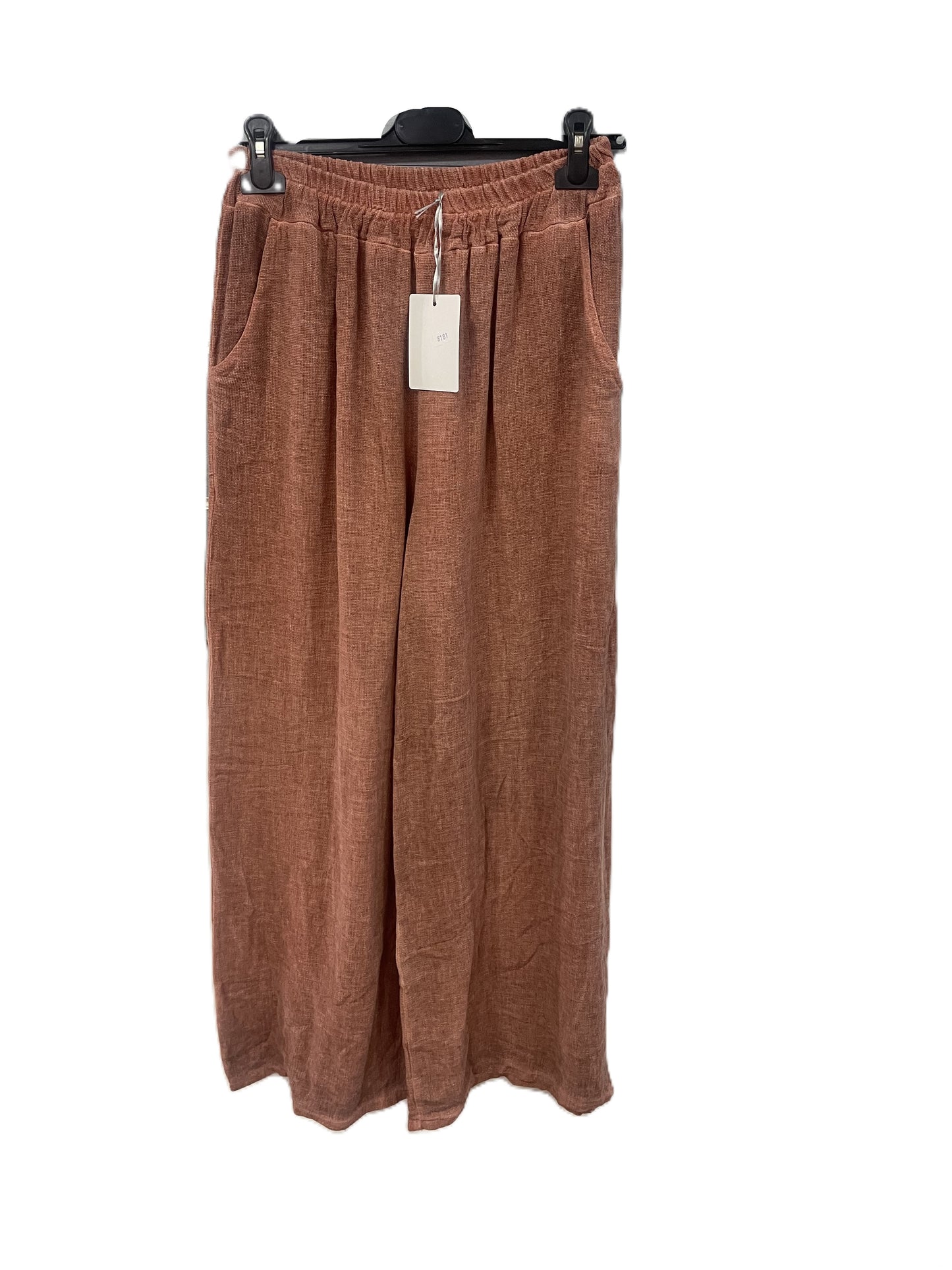 Brand New Womens Summer Lightweight Textured Linen Mix 2 Pocket Wide Leg Trousers