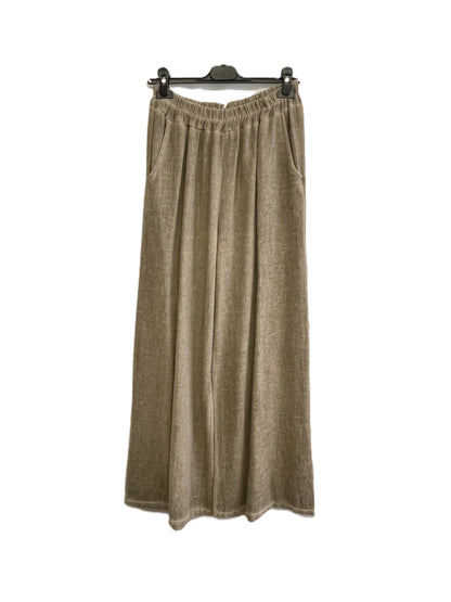 Brand New Womens Summer Lightweight Textured Linen Mix 2 Pocket Wide Leg Trousers