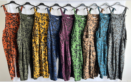 Brand New Womens Lagenlook 2 Pocket Animal Leopard Print Cotton Summer Dungarees