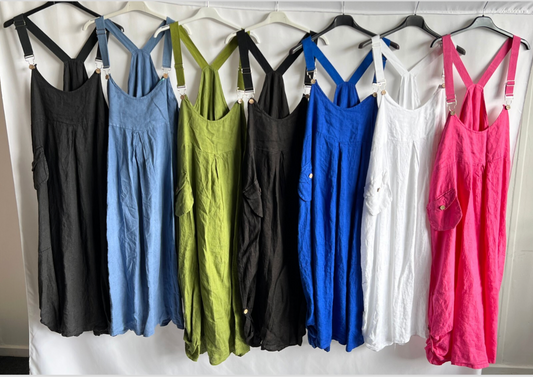 Ladies Casual Italian Summer Linen Dungaree Style Dresses with Button Detailed Hem