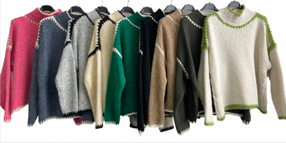Soft Knitted Italian High Neck Jumper with Blanket Stitch Edging
