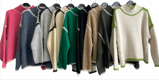 Soft Knitted Italian High Neck Jumper with Blanket Stitch Edging