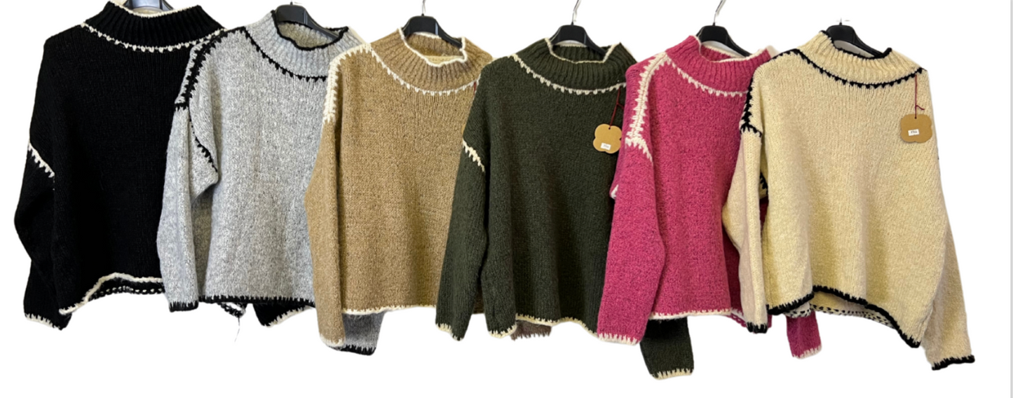 Soft Knitted Italian High Neck Jumper with Blanket Stitch Edging
