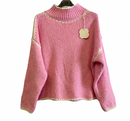 Soft Knitted Italian High Neck Jumper with Blanket Stitch Edging