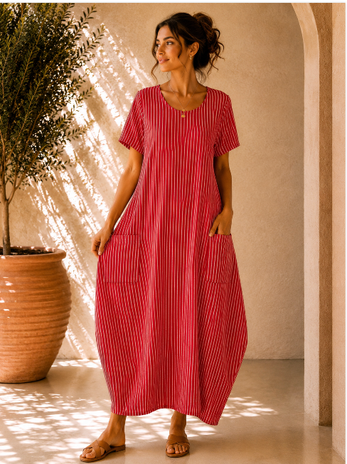 Lagenlook Stripe Cotton Summer Long Dresses