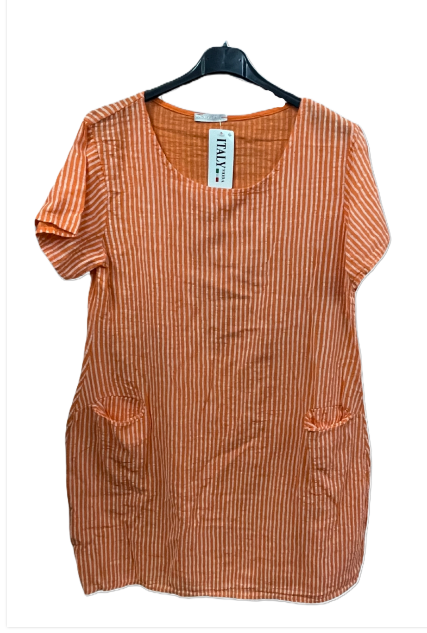 Ladies Italian Lagenlook Cotton Stripe Mid length Dress Tunic