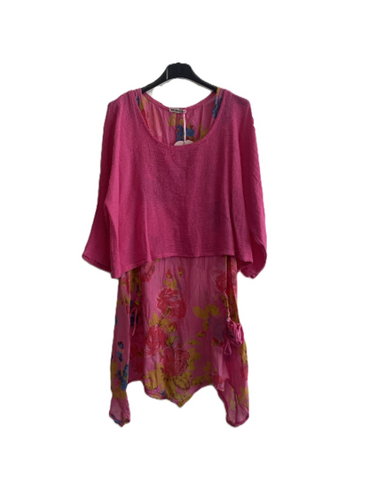 Brand New Womens Lagenlook 2 Piece Floral Dress Asymmetric Hem with Plain Top
