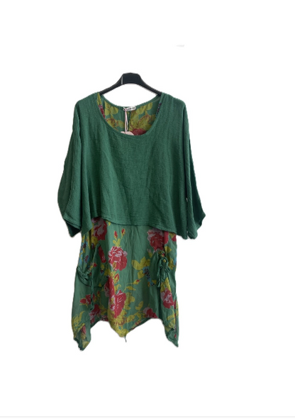 Brand New Womens Lagenlook 2 Piece Floral Dress Asymmetric Hem with Plain Top